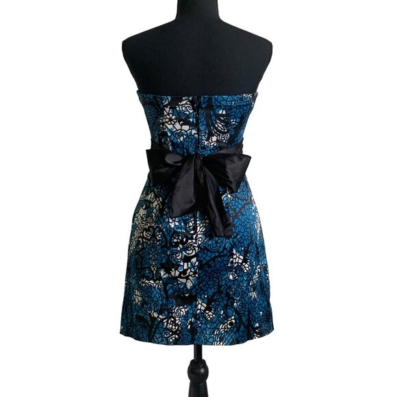 Trixxi Juniors Strapless Blue & Black Floral Pleated Dress With Bow Back Size 5 - Picture 4 of 13